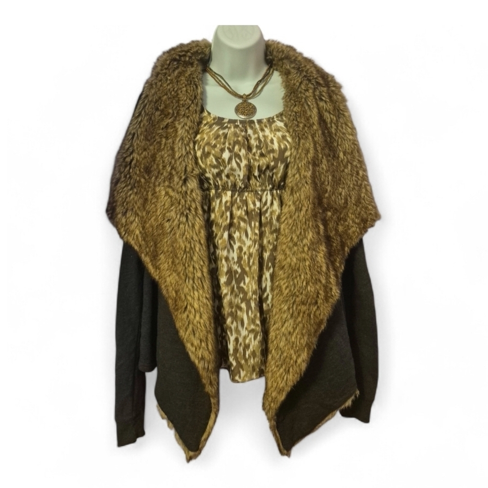 Hollister Faux Fur Trim Cardigan - Brown and Black